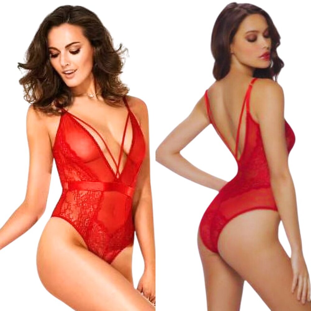 Viviane Plunging Mesh and Lace Teddy Red SZ XL NWT!
